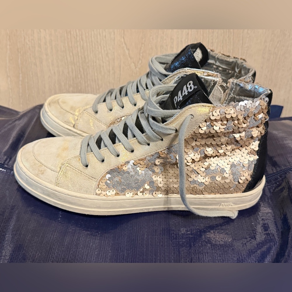 P448 Sneaker Shoes Womens 37 US 7 Sequin Gold Side Zip Up Skater High Top